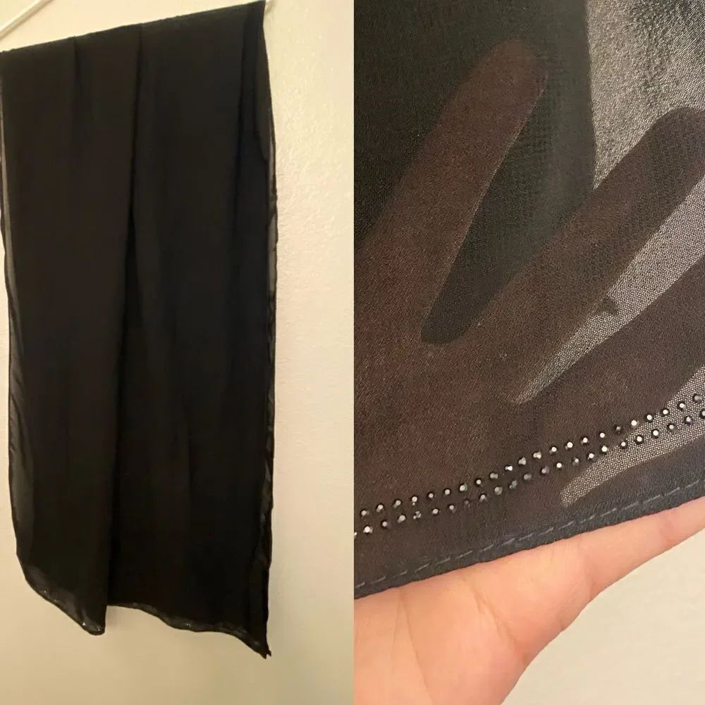 Black oversized semi sheer studded edge scarf pashmina shawl cover up 27x74